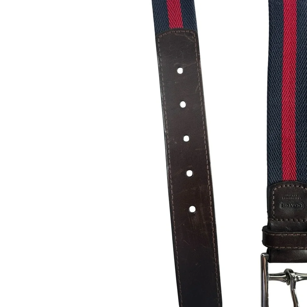 Coach Mens 5919 Striped Canvas Leather Belt Navy Red Brown Size 38 95cm